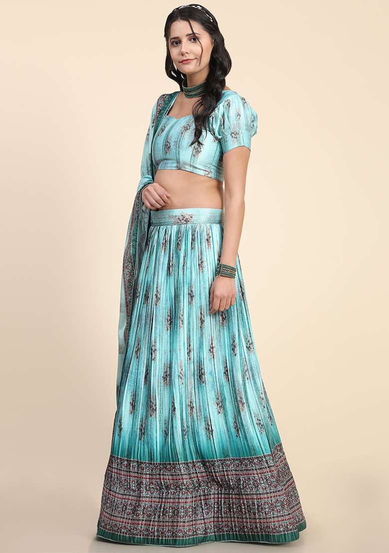 Sky Blue Digital Print Silk Blend Lehenga Set for Diwali and Festive Wear - Indya