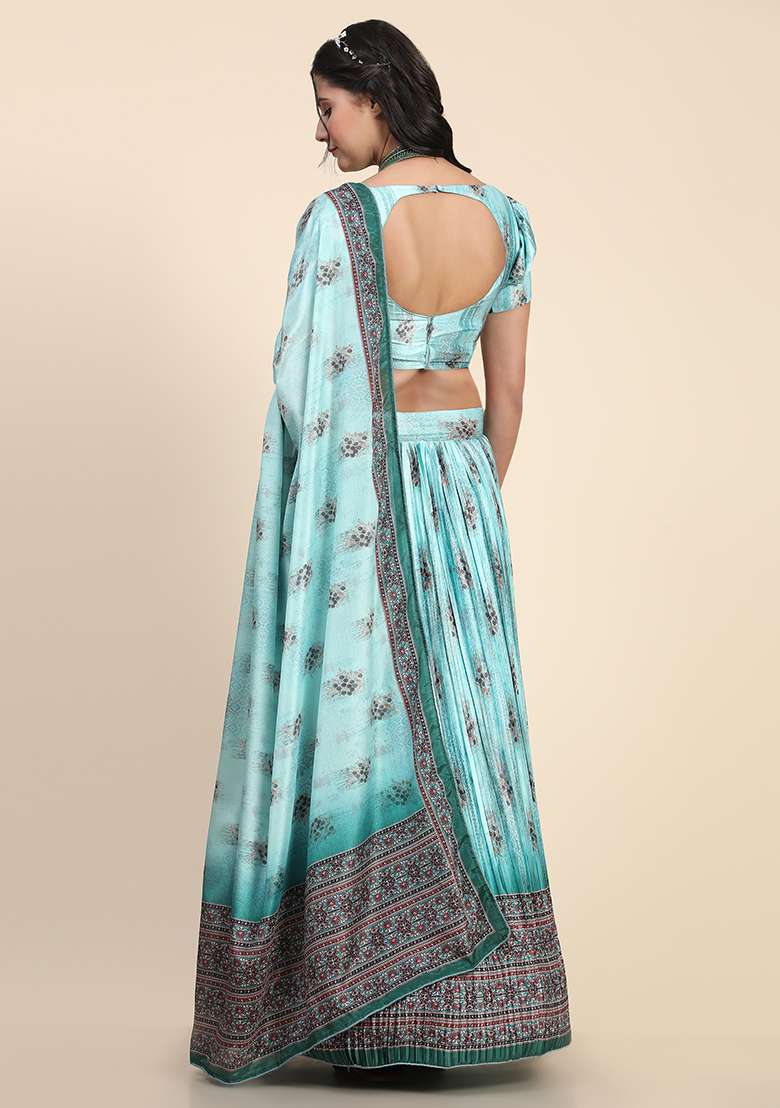 Sky Blue Digital Print Silk Blend Lehenga Set for Diwali and Festive Wear - Indya