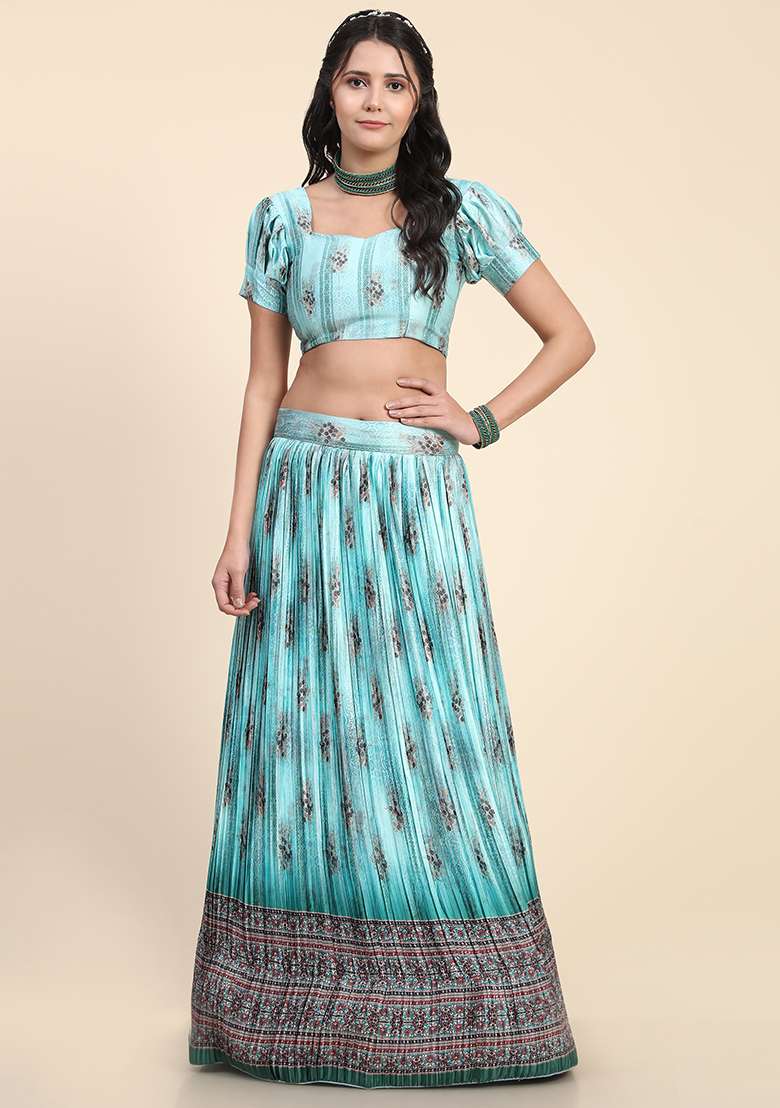 Sky Blue Digital Print Silk Blend Lehenga Set for Diwali and Festive Wear - Indya