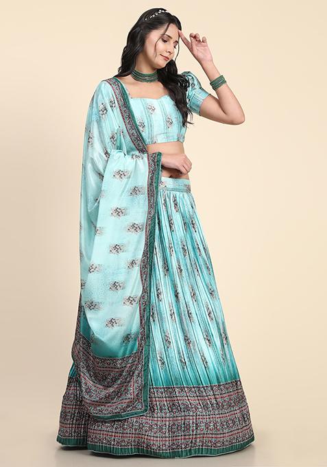 Sky Blue Digital Print Silk Blend Lehenga Set