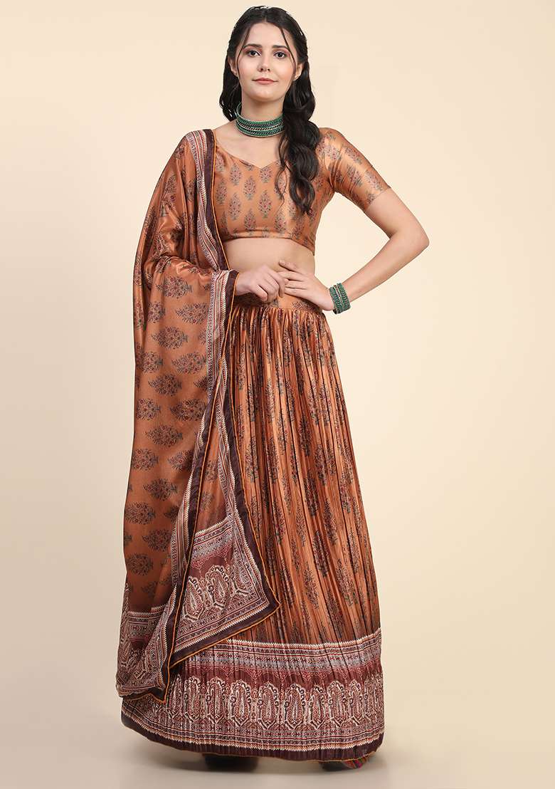 Orange Silk Blend Lehenga Set with Digital Print for Diwali | Wedding & Festive Wear - Indya