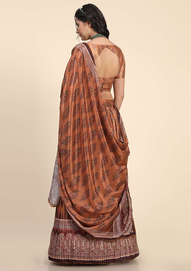 Orange Silk Blend Lehenga Set with Digital Print for Diwali | Wedding & Festive Wear - Indya