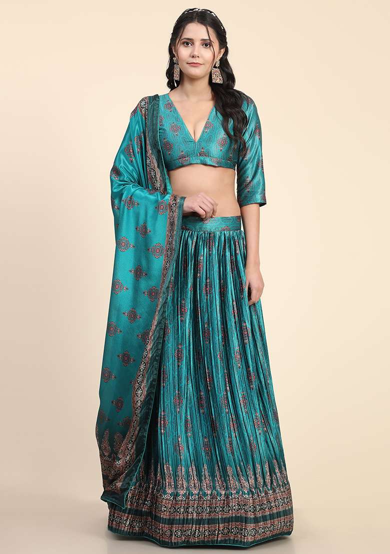 Turquoise Blue Digital Print Silk Blend Lehenga Set for Diwali and Festive Wear - Indya