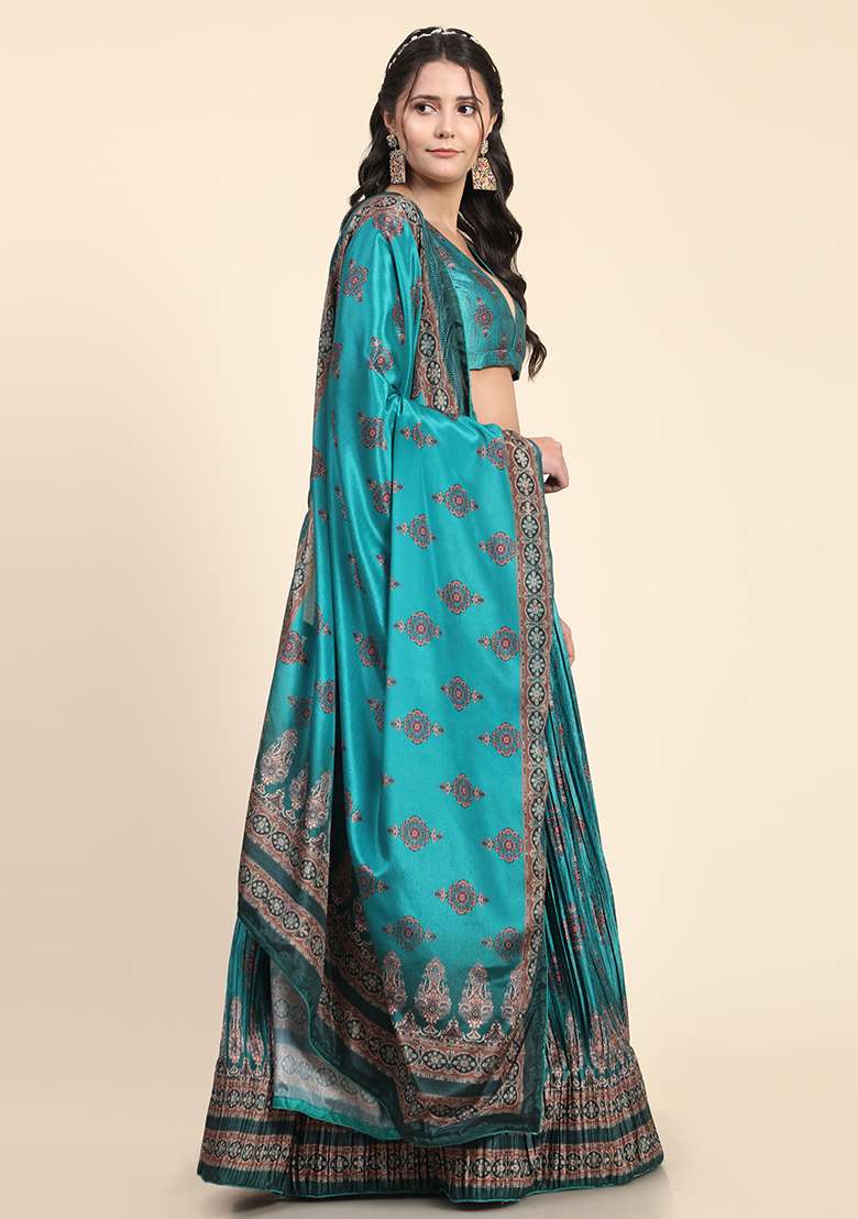 Turquoise Blue Digital Print Silk Blend Lehenga Set for Diwali and Festive Wear - Indya