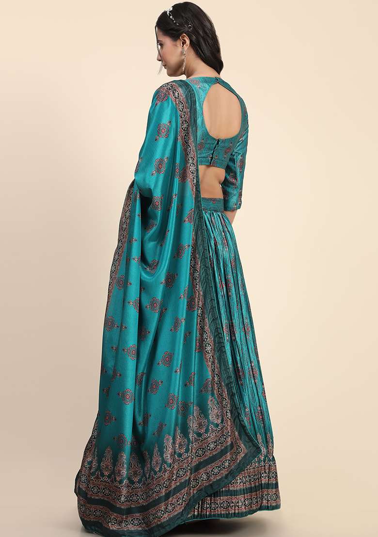 Turquoise Blue Digital Print Silk Blend Lehenga Set for Diwali and Festive Wear - Indya