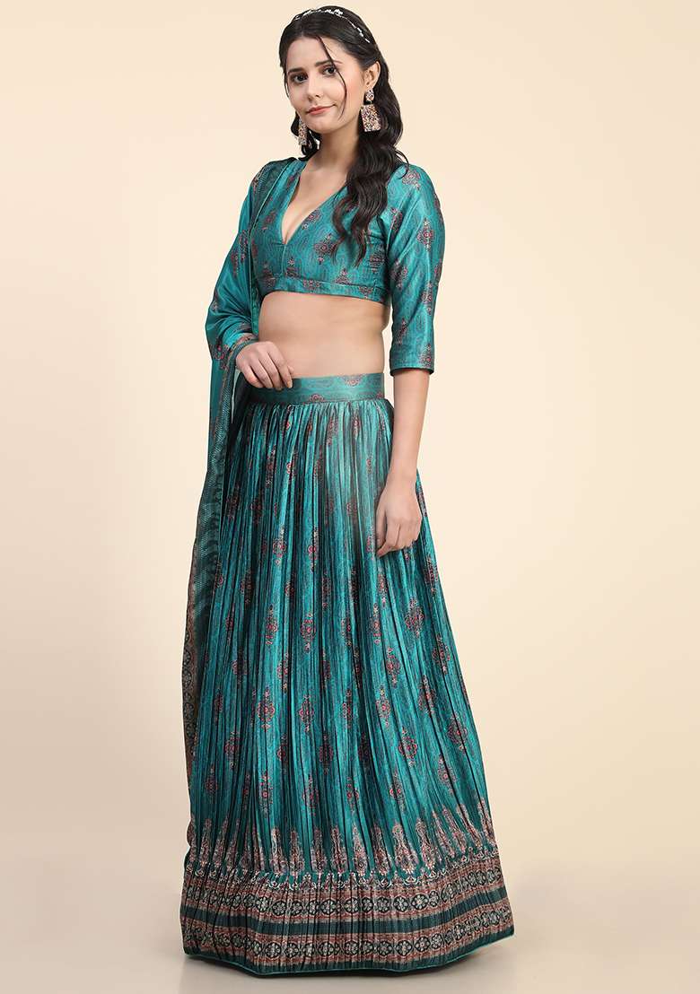 Turquoise Blue Digital Print Silk Blend Lehenga Set for Diwali and Festive Wear - Indya