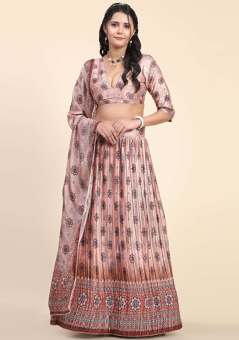 Baby Pink Digital Print Silk Blend Lehenga Set for Diwali and Festive Wear - Indya