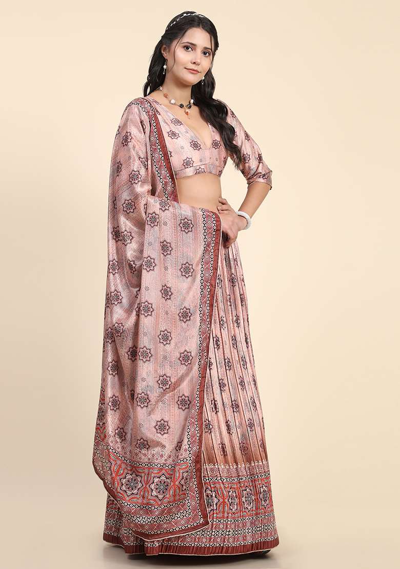 Baby Pink Digital Print Silk Blend Lehenga Set for Diwali and Festive Wear - Indya