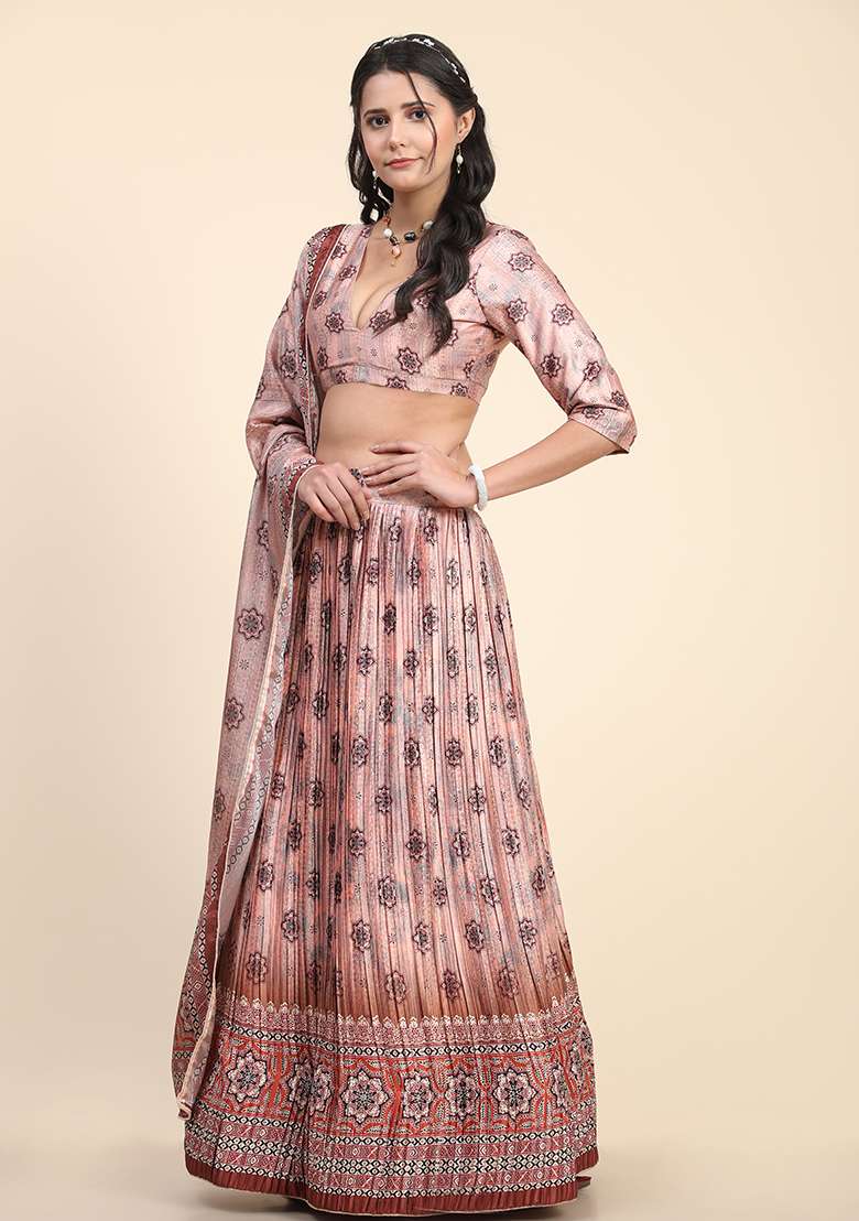 Baby Pink Digital Print Silk Blend Lehenga Set for Diwali and Festive Wear - Indya