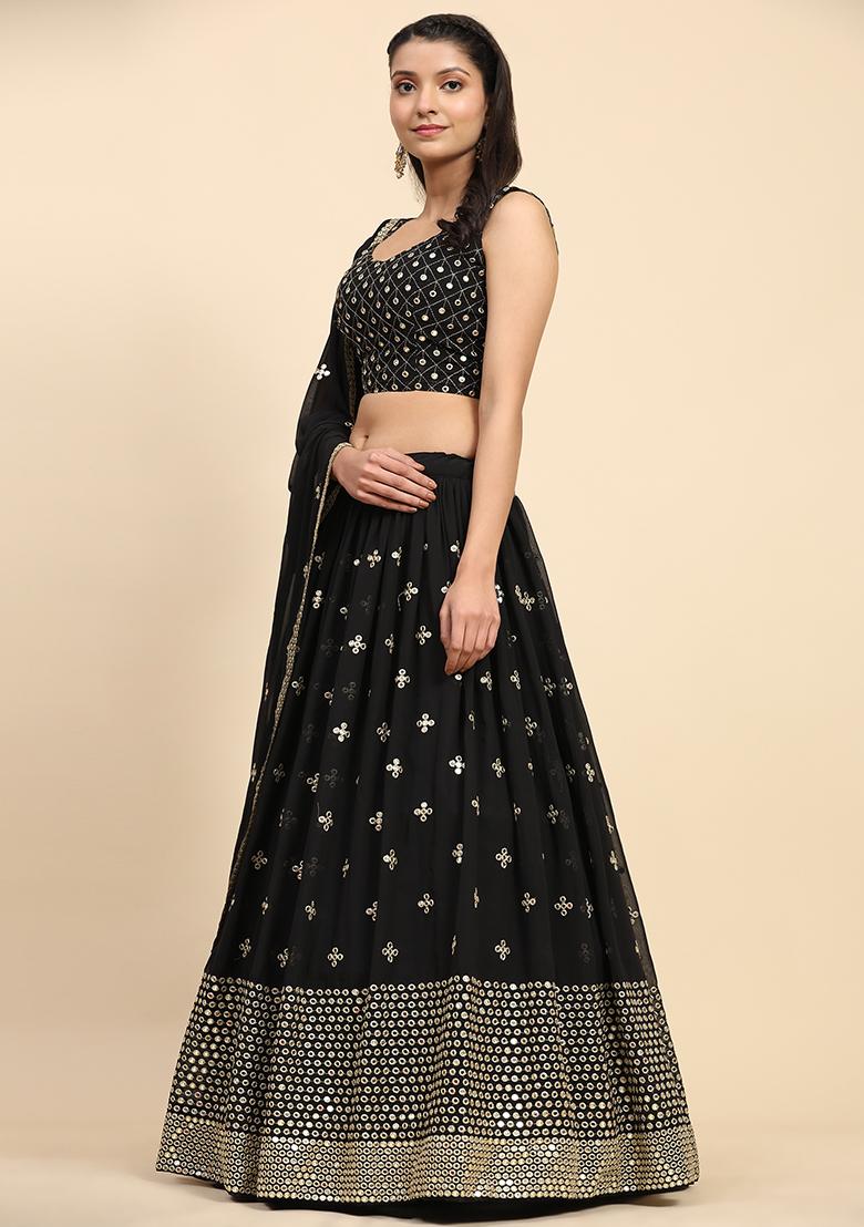 Black Sequin Embroidered Faux Georgette Lehenga Set