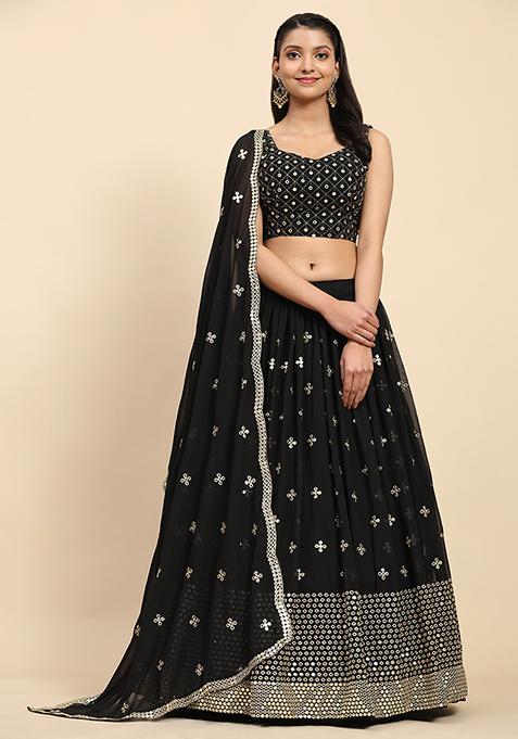 Black Sequin Embroidered Faux Georgette Lehenga Set