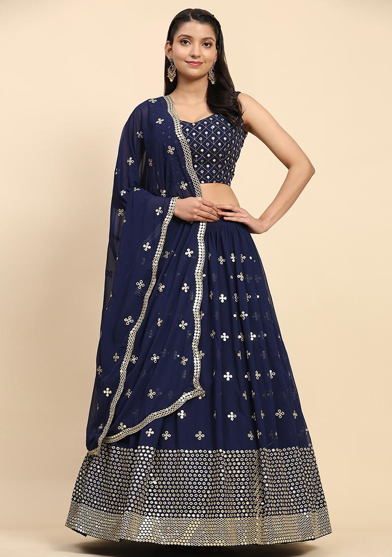 Blue Sequin Embroidered Faux Georgette Lehenga Set
