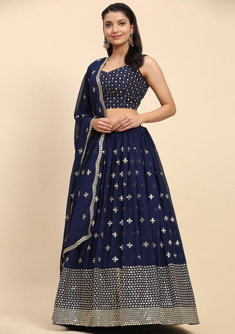 Blue Sequin Embroidered Faux Georgette Lehenga Set