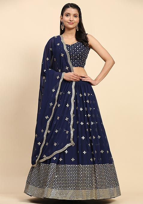 Blue Sequin Embroidered Faux Georgette Lehenga Set