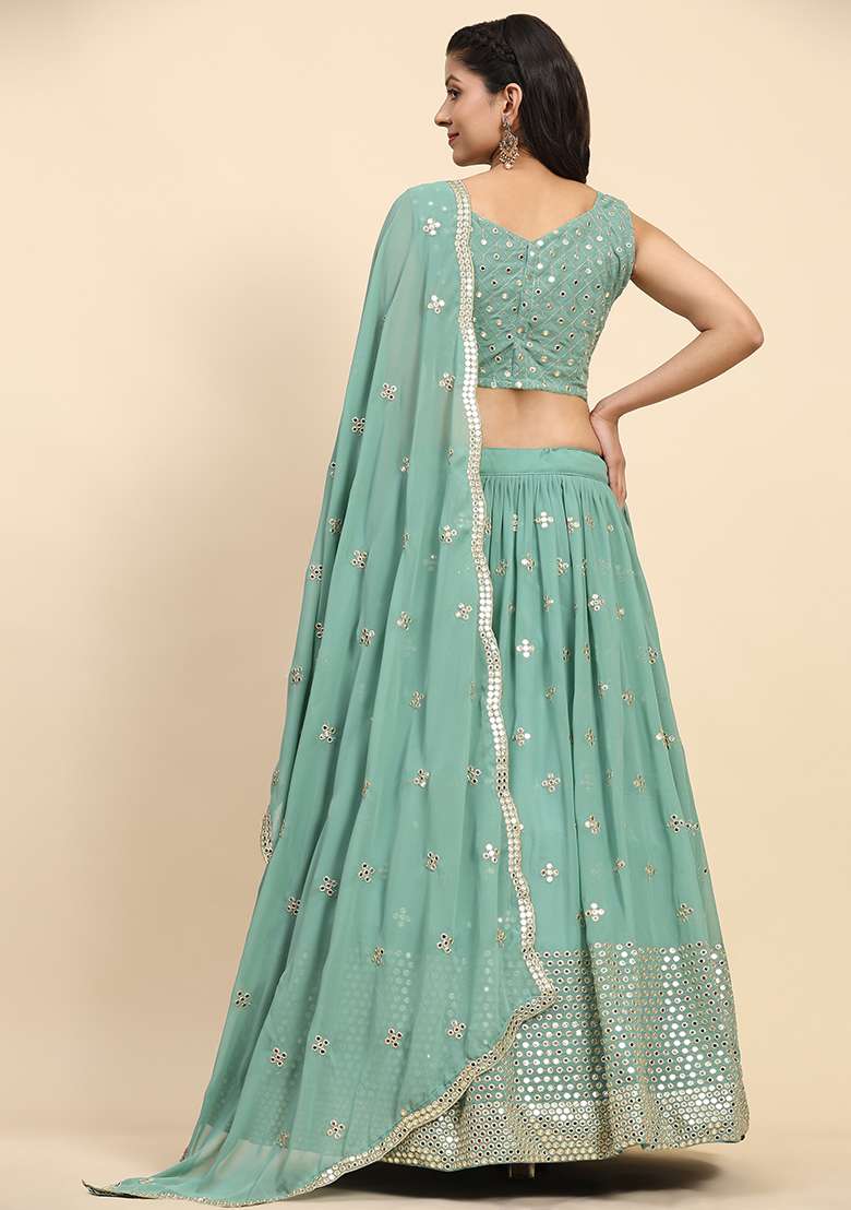 Green Faux Georgette Lehenga Set with Embroidered & Sequin for Diwali | Wedding & Festive Wear - Indya