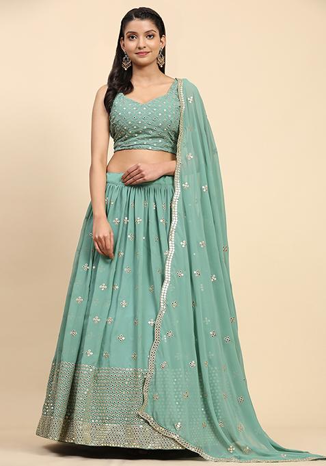 Green Sequin Embroidered Faux Georgette Lehenga Set