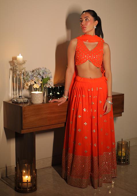 Orange Sequin Embroidered Faux Georgette Lehenga Set