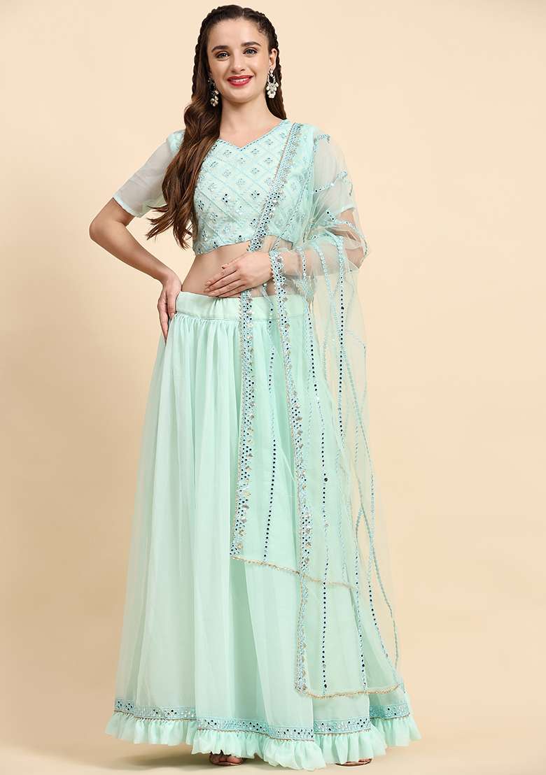 Sky Blue Sequin Embroidered Faux Georgette Lehenga Set for Diwali and Festive Wear - Indya