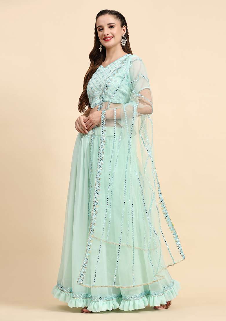 Sky Blue Sequin Embroidered Faux Georgette Lehenga Set for Diwali and Festive Wear - Indya