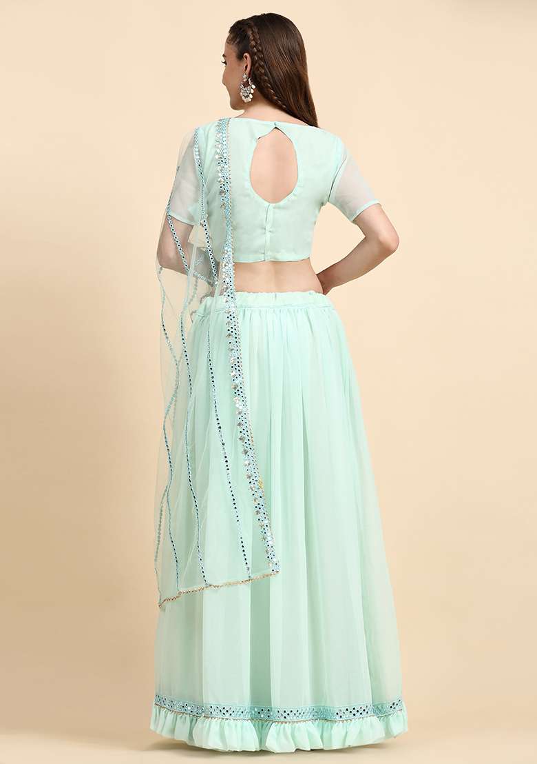 Sky Blue Sequin Embroidered Faux Georgette Lehenga Set for Diwali and Festive Wear - Indya