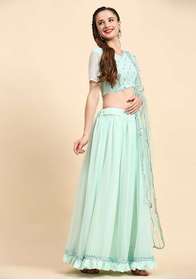 Sky Blue Sequin Embroidered Faux Georgette Lehenga Set for Diwali and Festive Wear - Indya
