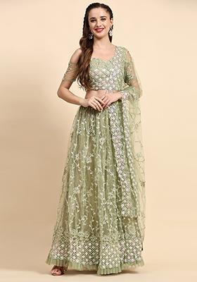 Green Sequin Embroidered Net Lehenga Set