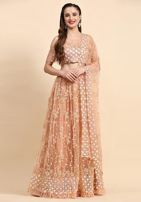 Peach Sequin Embroidered Net Lehenga Set