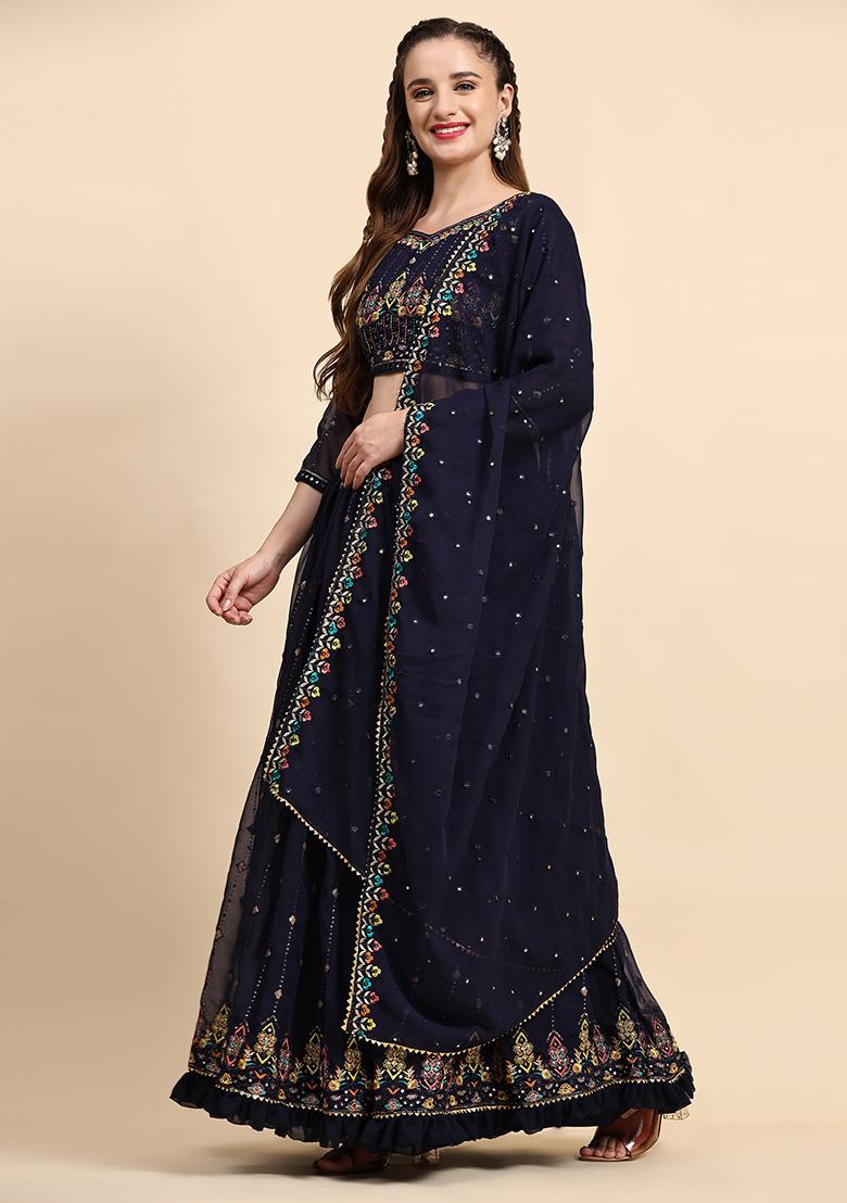 Blue Sequin Embroidered Faux Georgette Lehenga Set - Indya
