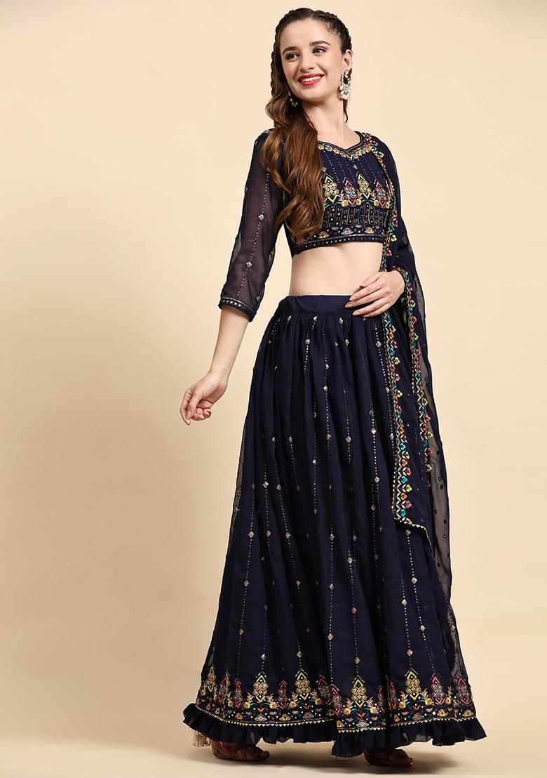 Blue Sequin Embroidered Faux Georgette Lehenga Set - Indya