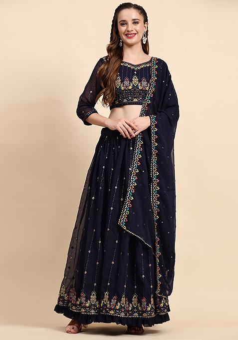 Blue Sequin Embroidered Faux Georgette Lehenga Set