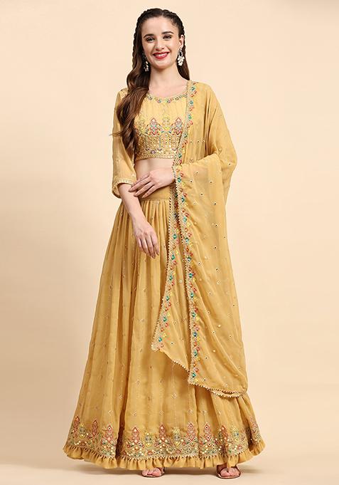 Yellow Sequin Embroidered Faux Georgette Lehenga Set