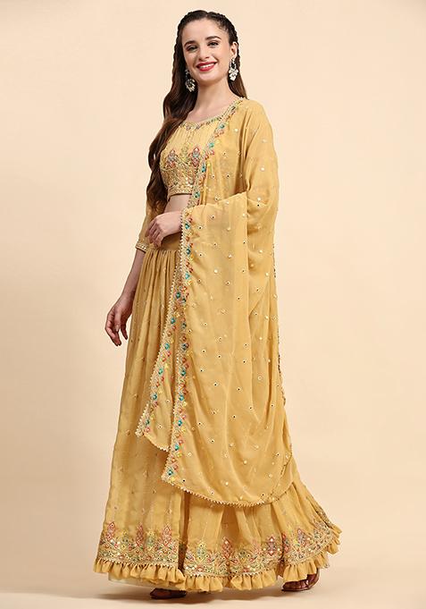 Yellow Sequin Embroidered Faux Georgette Lehenga Set