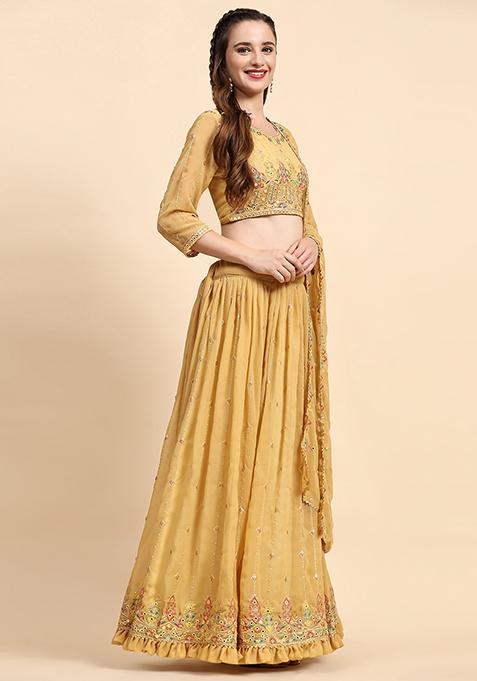 Yellow Sequin Embroidered Faux Georgette Lehenga Set