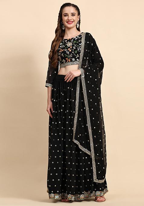 Black Sequin Embroidered Faux Georgette Lehenga Set