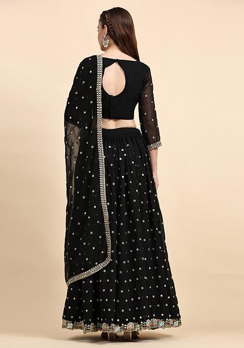 Black Sequin Embroidered Faux Georgette Lehenga Set