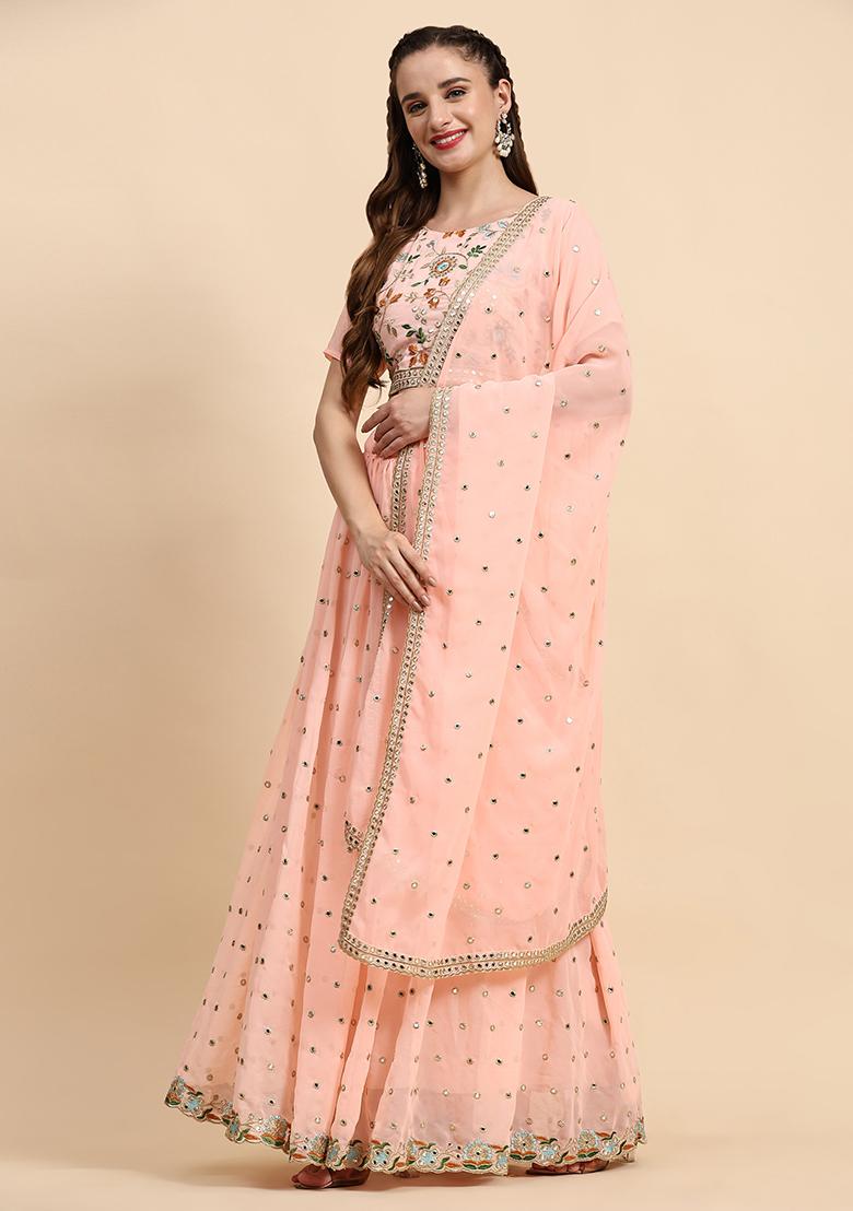 Peach Sequin Embroidered Faux Georgette Lehenga Set