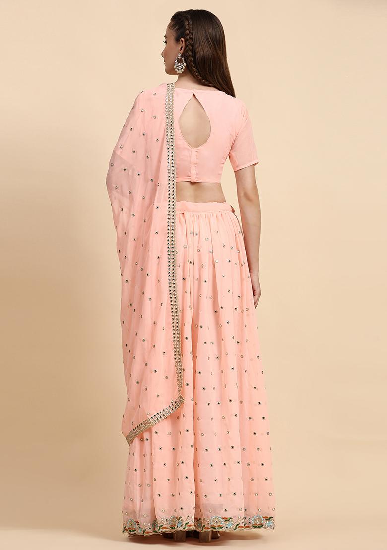 Peach Sequin Embroidered Faux Georgette Lehenga Set