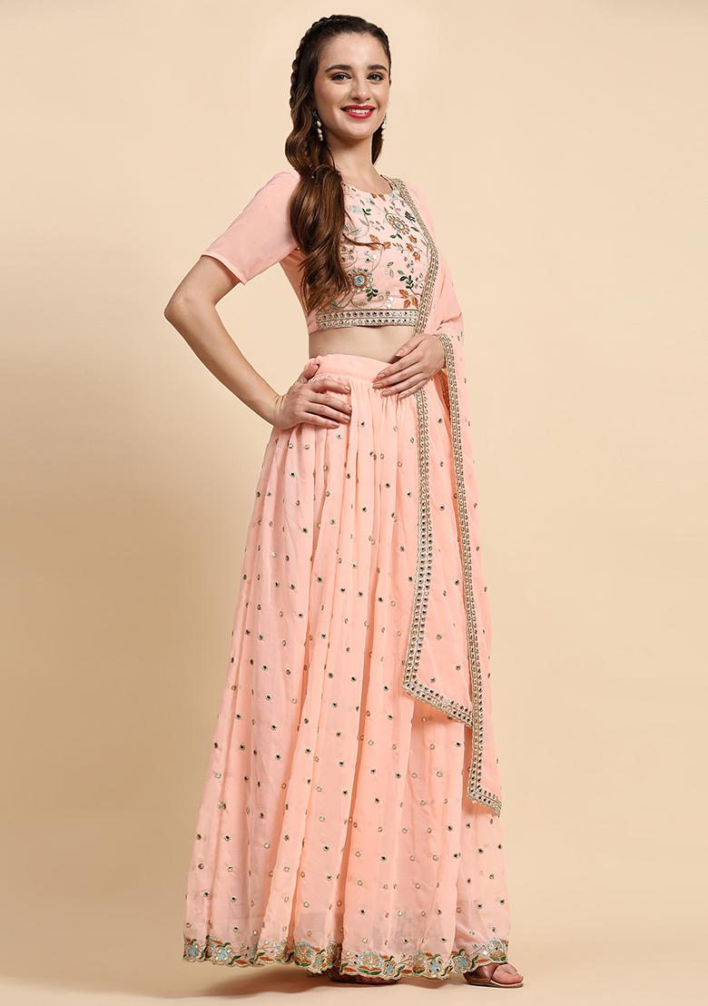 Peach Sequin Embroidered Faux Georgette Lehenga Set