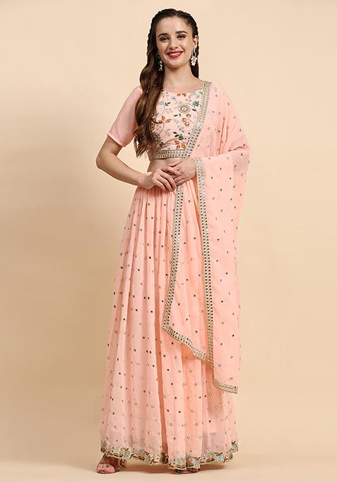 Peach Sequin Embroidered Faux Georgette Lehenga Set