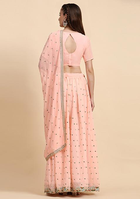 Peach Sequin Embroidered Faux Georgette Lehenga Set