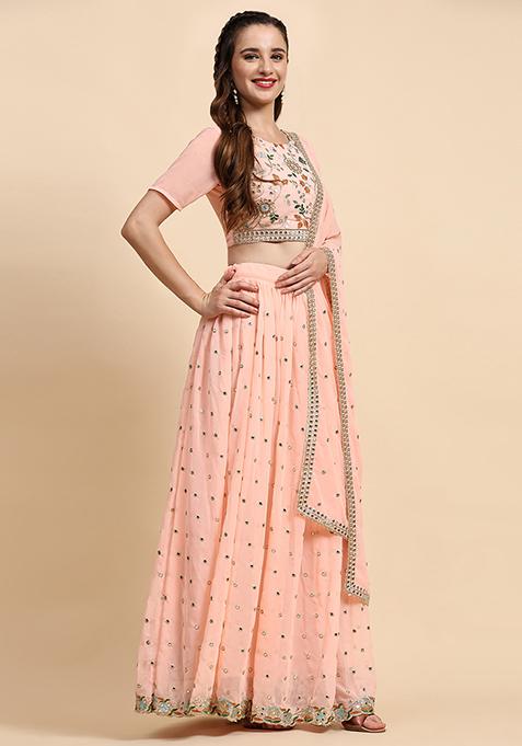 Peach Sequin Embroidered Faux Georgette Lehenga Set