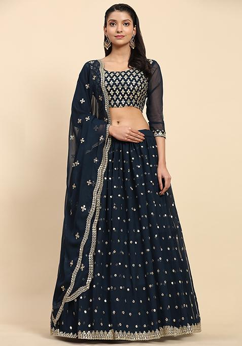 Firozi Sequin Embroidered Faux Georgette Lehenga Set