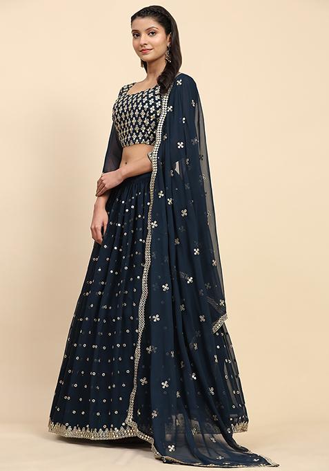 Firozi Sequin Embroidered Faux Georgette Lehenga Set