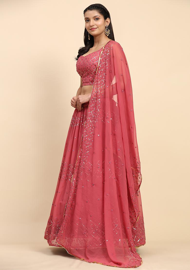 Pink Sequin Embroidered Faux Georgette Lehenga Set