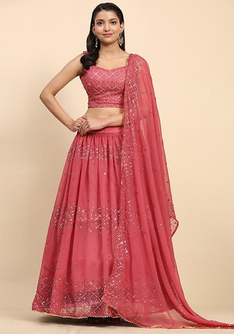 Pink Sequin Embroidered Faux Georgette Lehenga Set