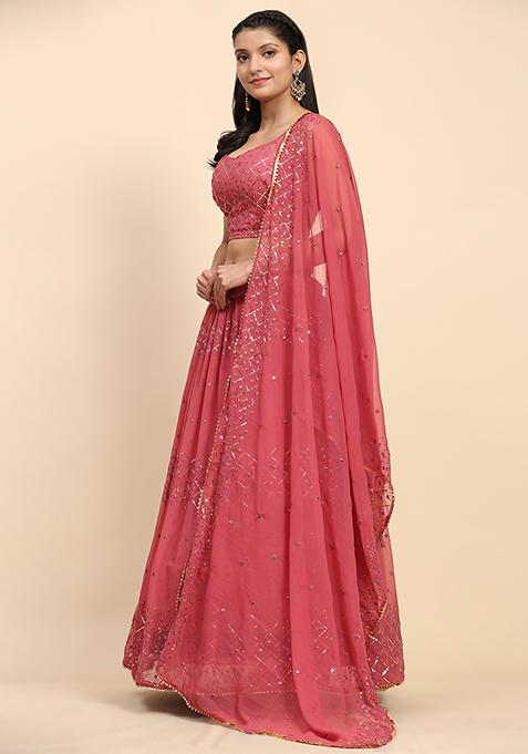 Pink Sequin Embroidered Faux Georgette Lehenga Set