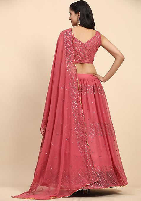 Pink Sequin Embroidered Faux Georgette Lehenga Set