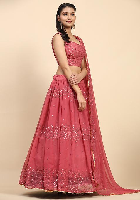 Pink Sequin Embroidered Faux Georgette Lehenga Set