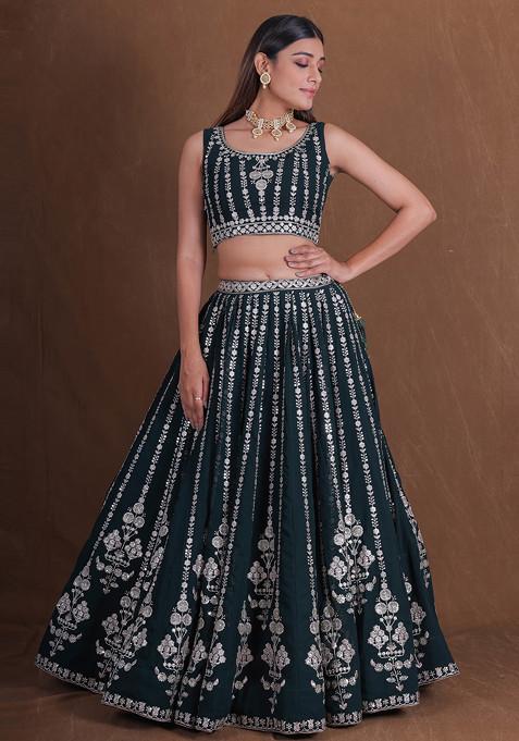 Green Thread Sequin Embroidered Lehenga Set