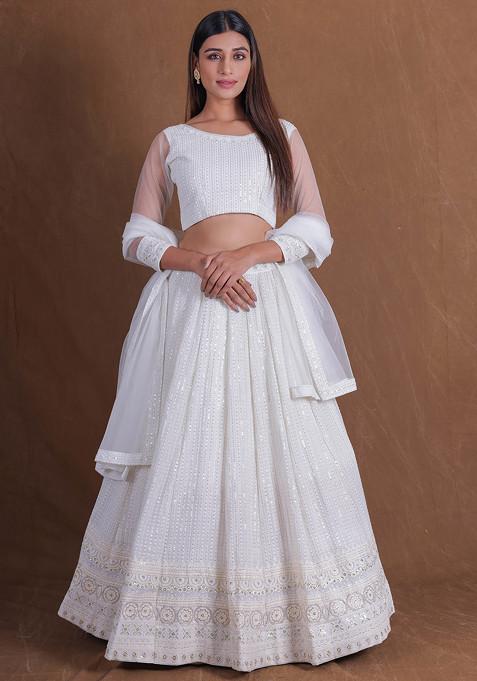 White Thread Sequin Embroidered Lehenga Set